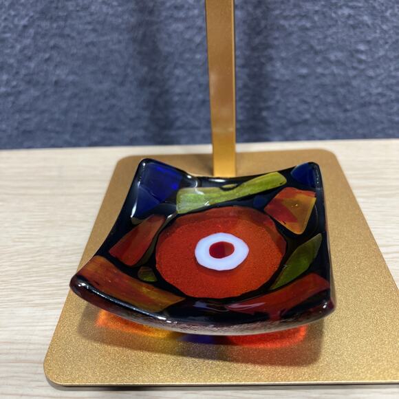 Fused Glass Centerpiece Trinket Dish Colorful Great Condition Trinket 3.5”x3.5” - Picture 4 of 6